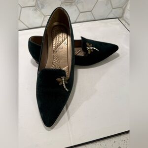 Dragonfly Bellini Dark Green Velvet  Pointed Toe Flats Rhinestones Sz 6